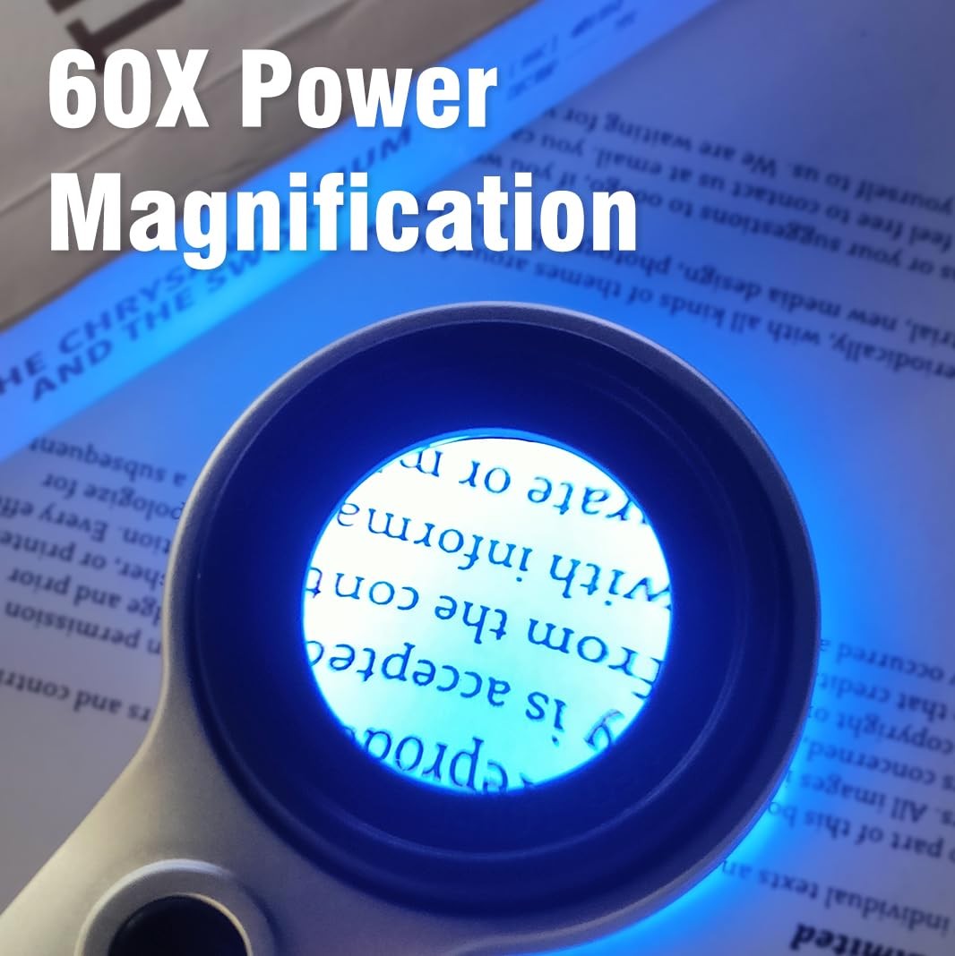 Handheld Magnifier Loupe 60X with UV & LED Lights USB Rechargeable Optical Lens