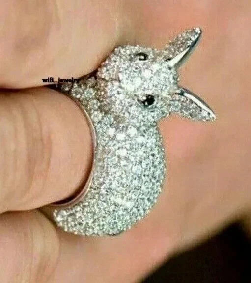 Rabbit Charm Wedding Ring in 1.90Ct Round Cut Moissanite 14K White Gold Plated