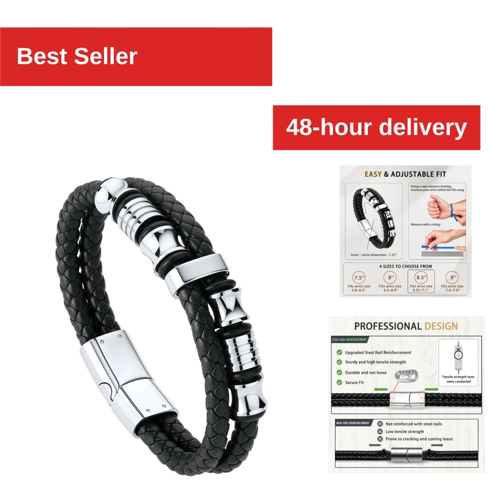 Men’s Braided Leather Bracelet 316L Stainless Steel Cuff