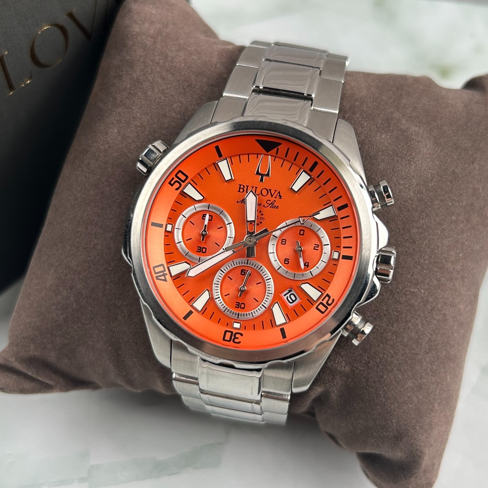 Bulova Classic Marine Star 96B395 Orange Dial Chronograph Men’s Quartz Watch New