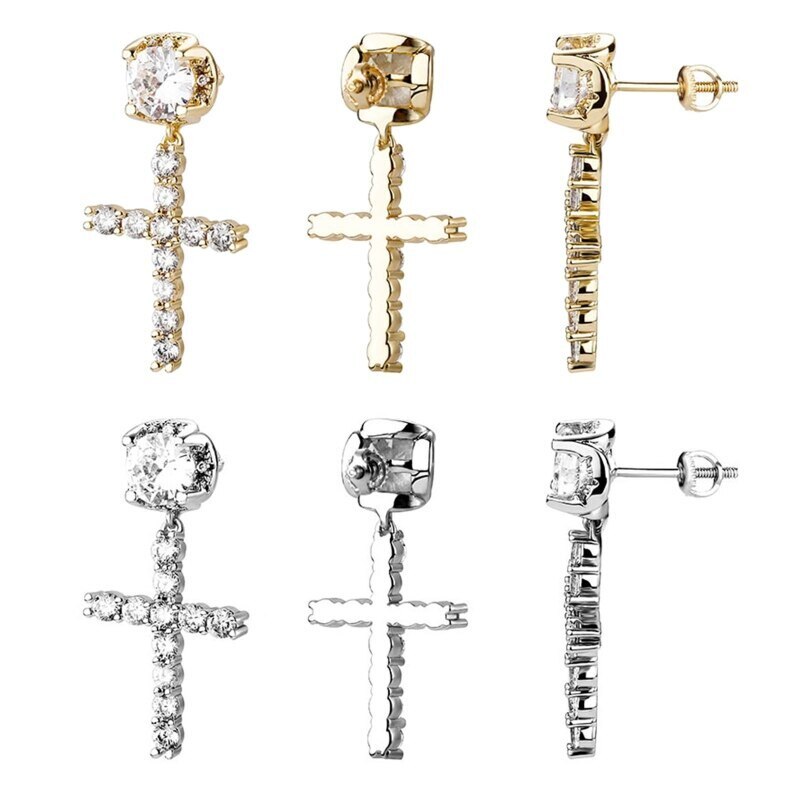 Iced Stud Cross Drop Hanging Huggie Dangle Hoop Sterling Silver Cz Gold Plated