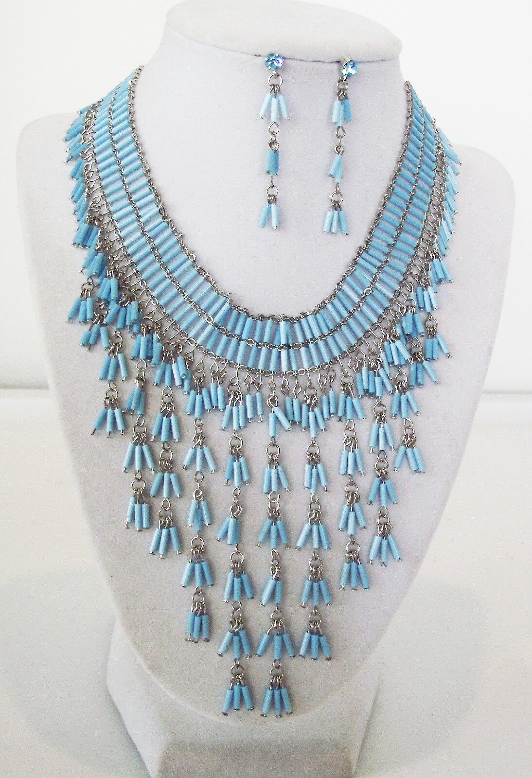 DESIGNER INSPIRED BLUE CRYSTAL BEAD HANDMADE NECKLACE EARRINGS JEWELRY SET NEW
