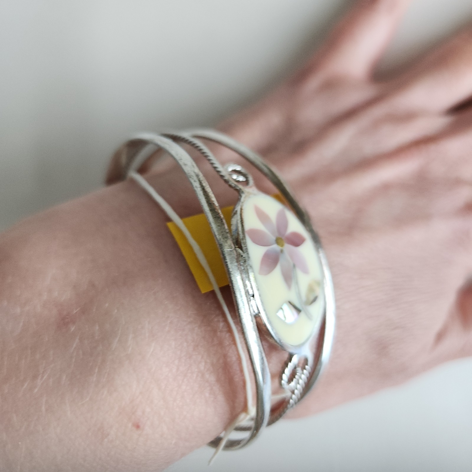 Vintage Mexican Sterling Silver Flower Inlay Cuff Bracelet Hecho En Mexico 7″