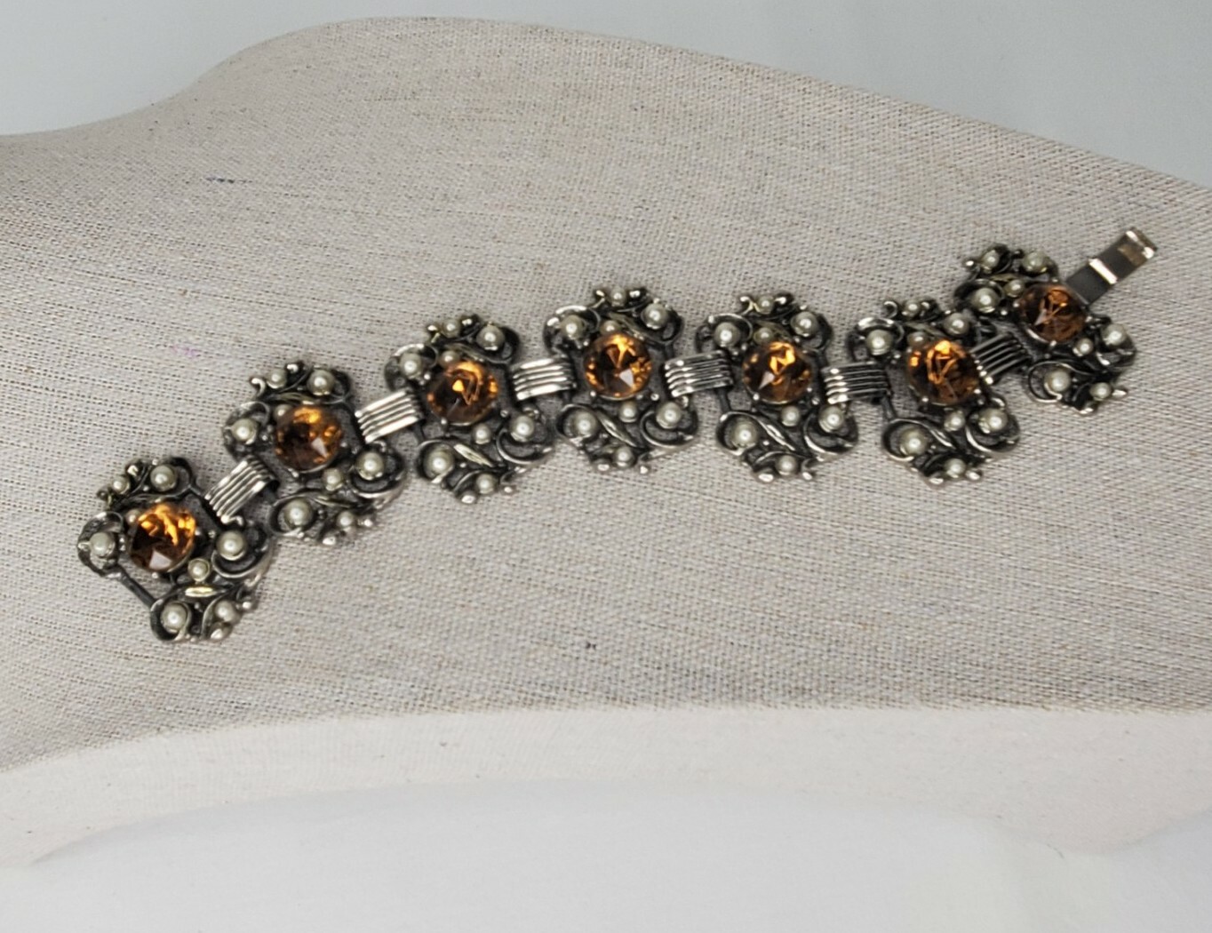 Vintage Panel Bracelet Silver Tone Faux Pearl Citrine Stones Chunky