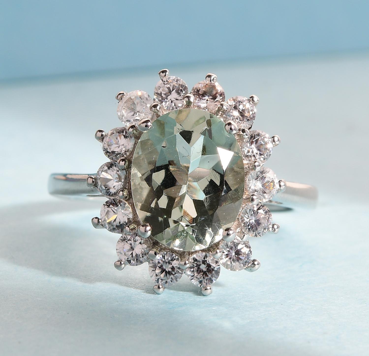 Amazing!! 3.85ctw Montezuma Prasiolite & Zircon Ring Platinum Plated Size 7