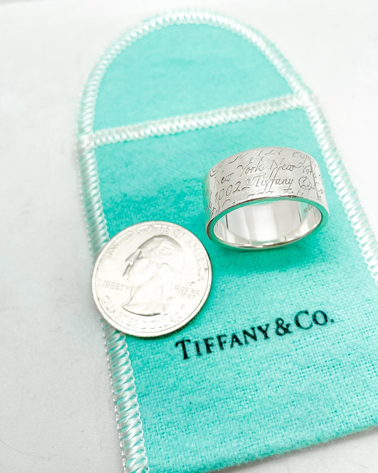 Tiffany & Co. Notes Script Fifth Avenue New York Wide Band Ring Silver Size 8.75