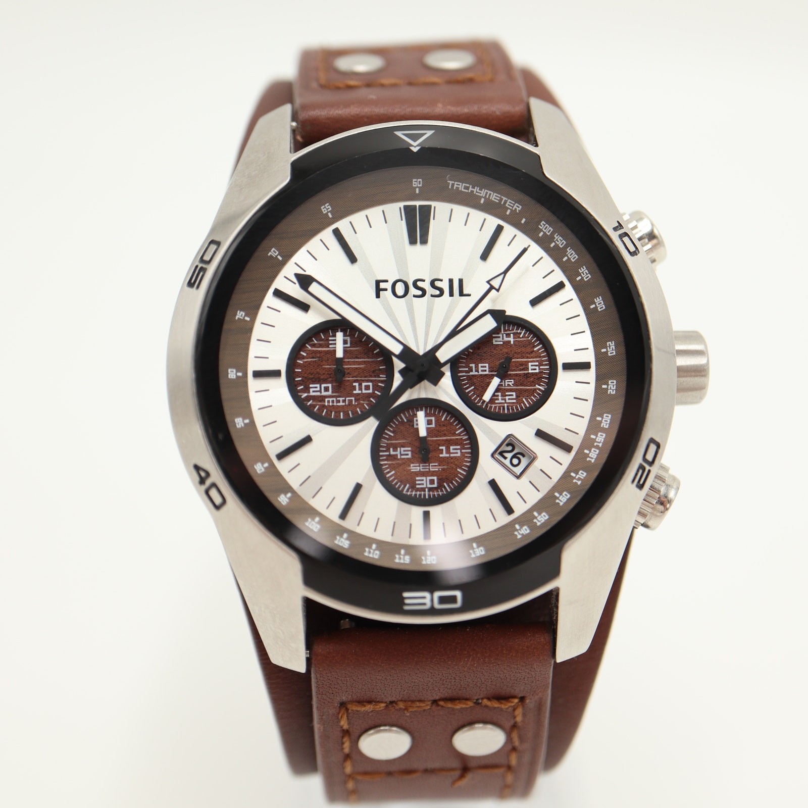 Fossil Coachman Mens Brown 45mm Watch Wood Grain Subs Leather Cuff w New Battery