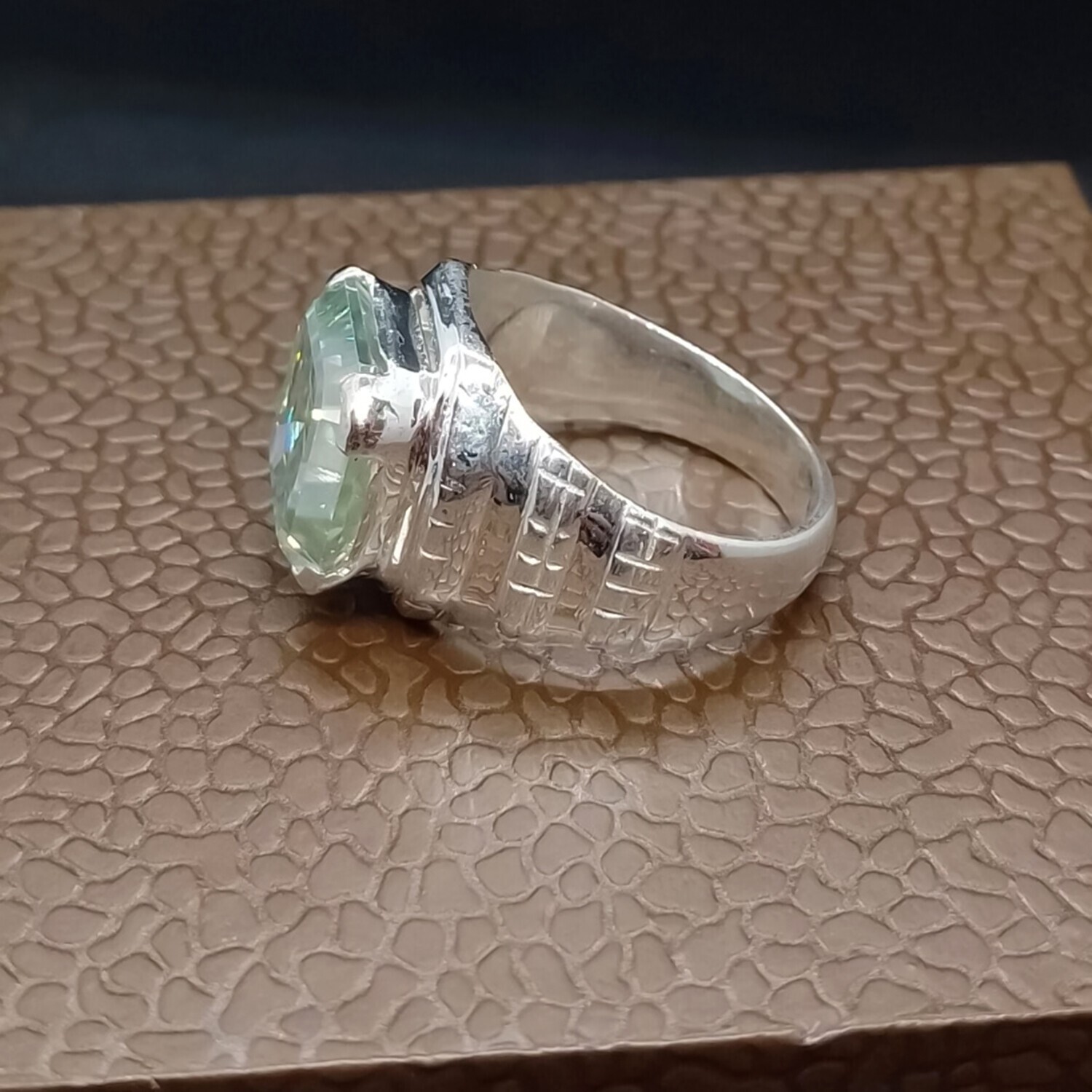 9.00 Ct Emerald Cut Blue Diamond Ring in 925 Silver Certified Statement