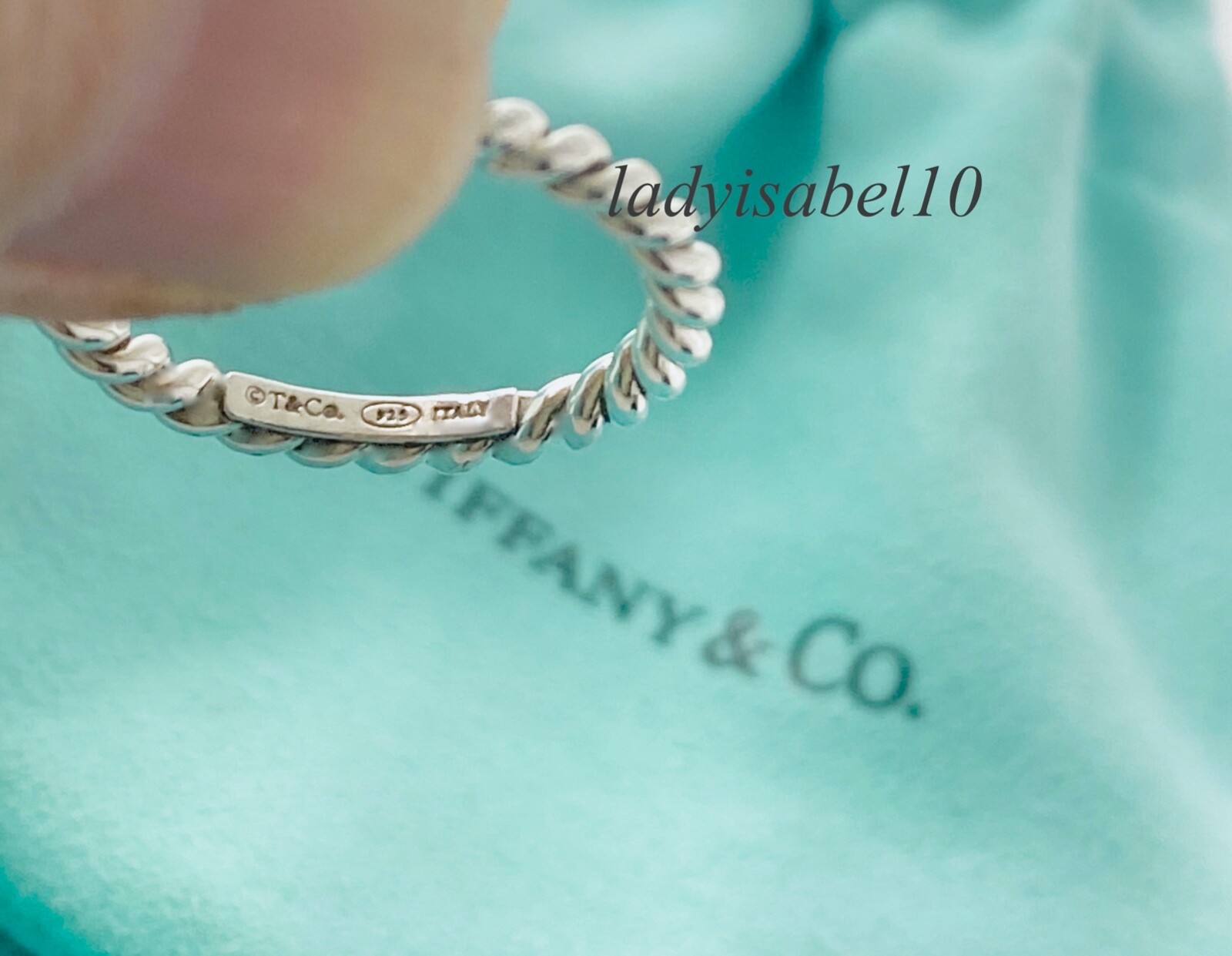 Sz. 5 Tiffany & Co. Twist Rope Narrow Band Ring Silver w Pouch Authentic -Italy