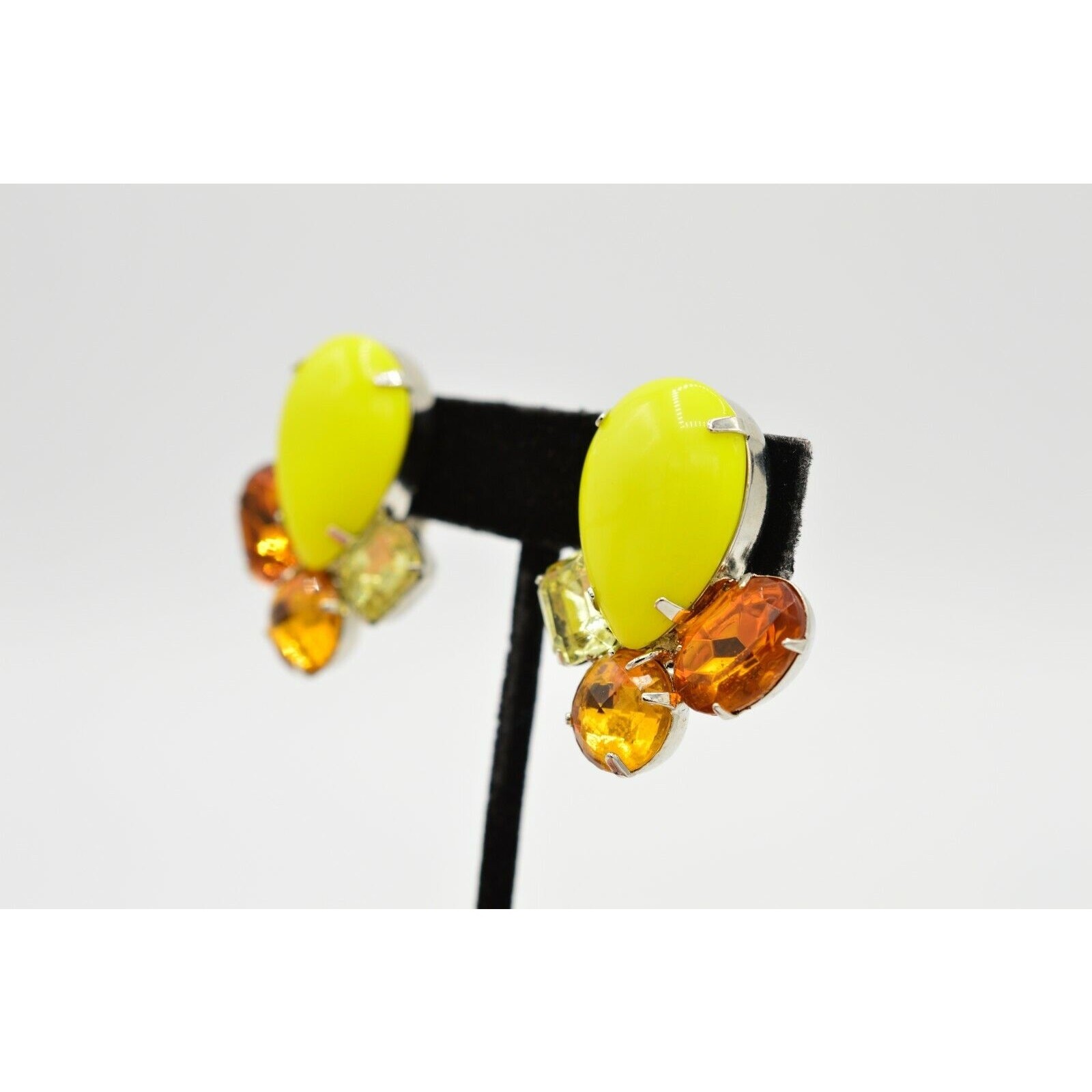 Vintage Crystal Cabochon Clip On Earrings Bezel Prong Neon Yellow Orange 80s W5