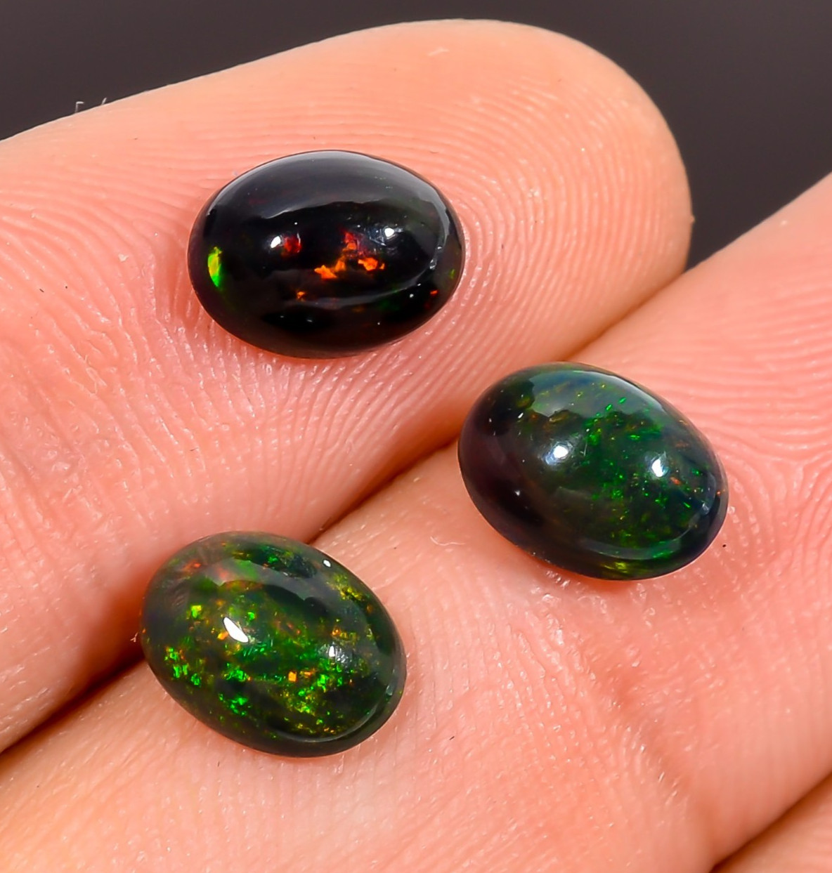 Natural Black Ethiopian Opal Oval Shape Cabochons 3 Pc Gemstone 2.50 Ct 8X6X4 mm