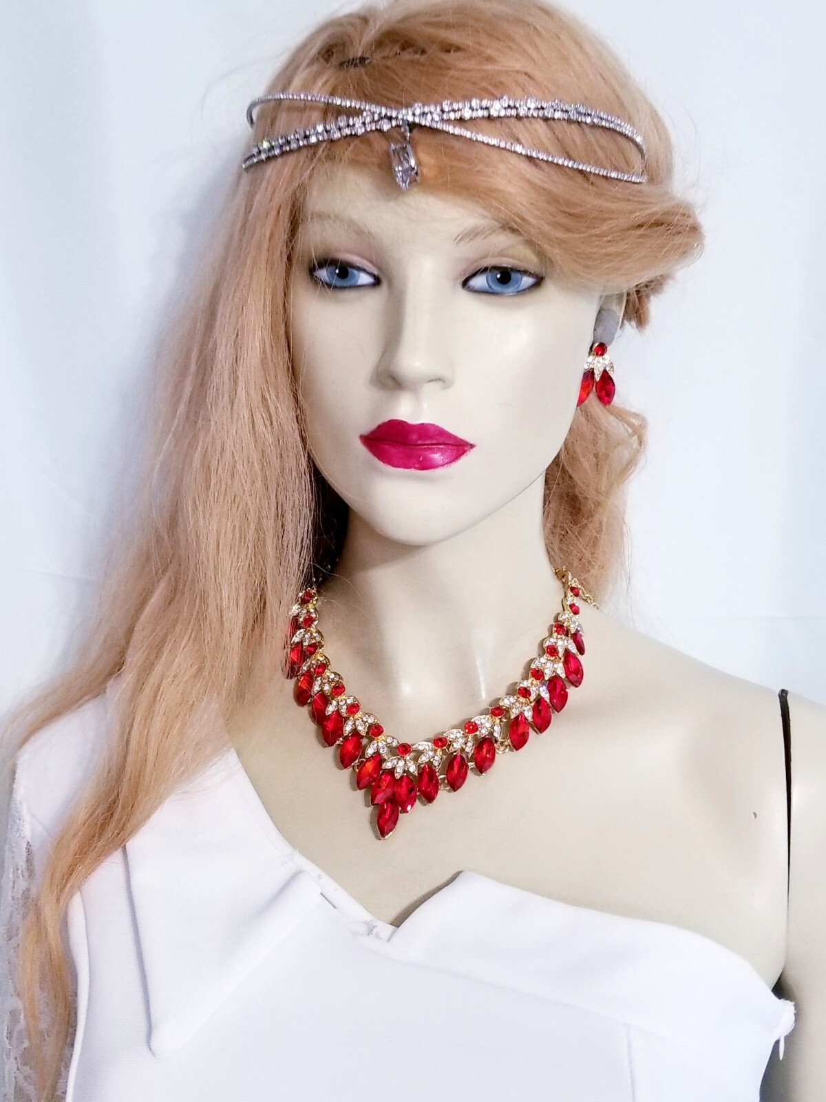 Red Crystal Choker Rhinestone Necklace Earring Set Bridal Prom Pageant