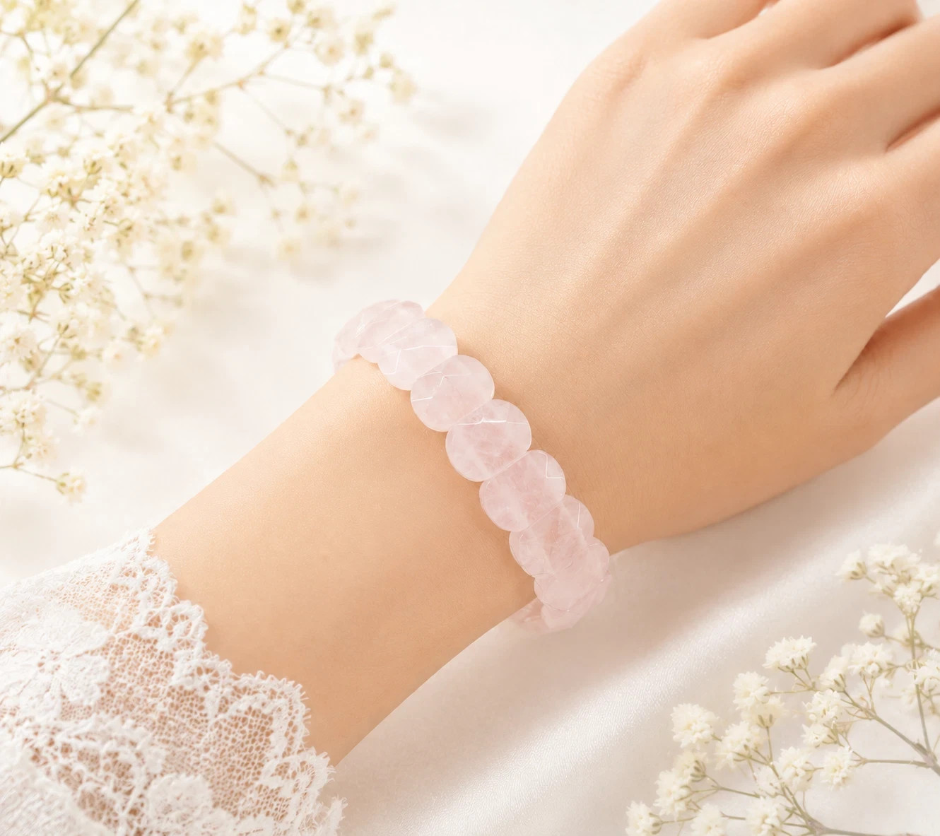 Genuine Rose Quartz Cushion Faceted Bracelet 27g Natural Pink Crystals Healing