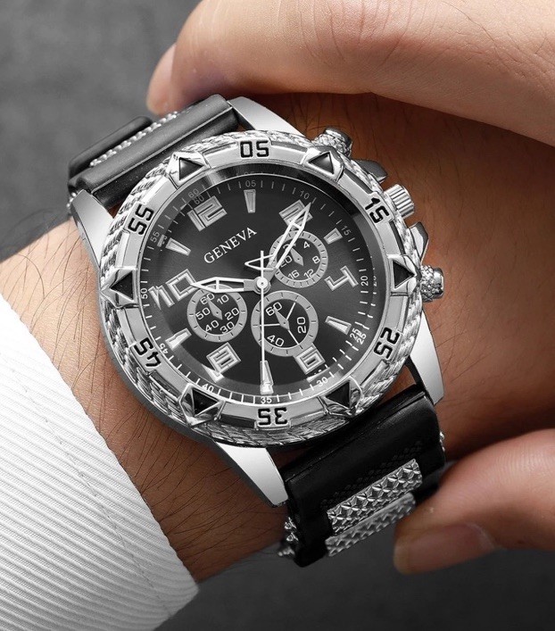Geneva Men’s Quartz Analog Chronograph Watch Black Silicone Band Black/Gold Dial