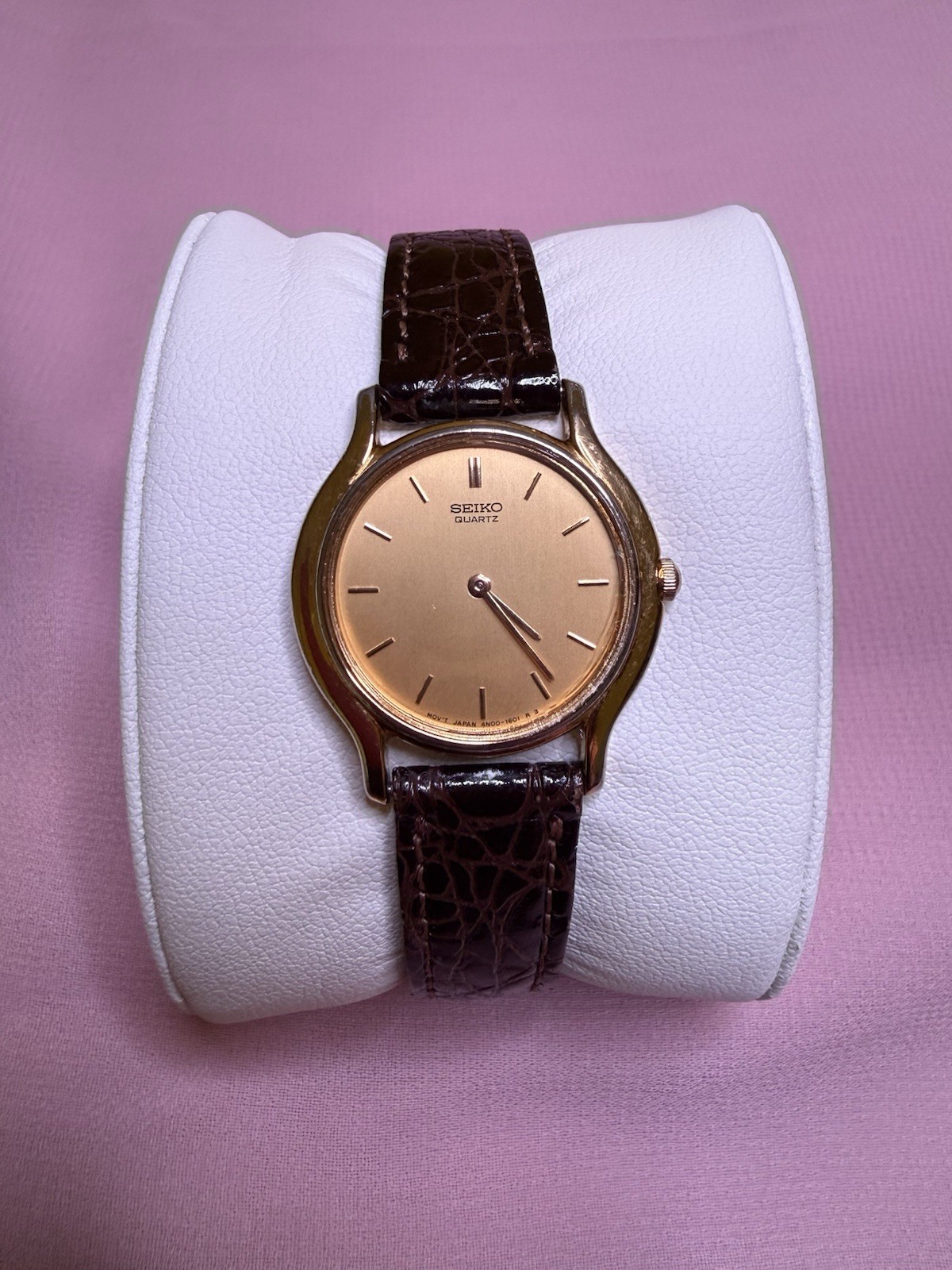 Vintage 1991 Seiko Quartz Dress Watch Gold Dial Brown Leather Strap -Working
