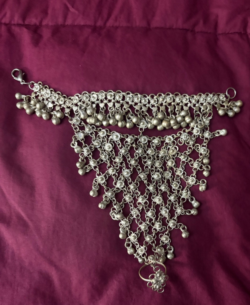 Afghan Kuchi Silver Toned Bracelet Waterfall Design with Connected Finger Ring