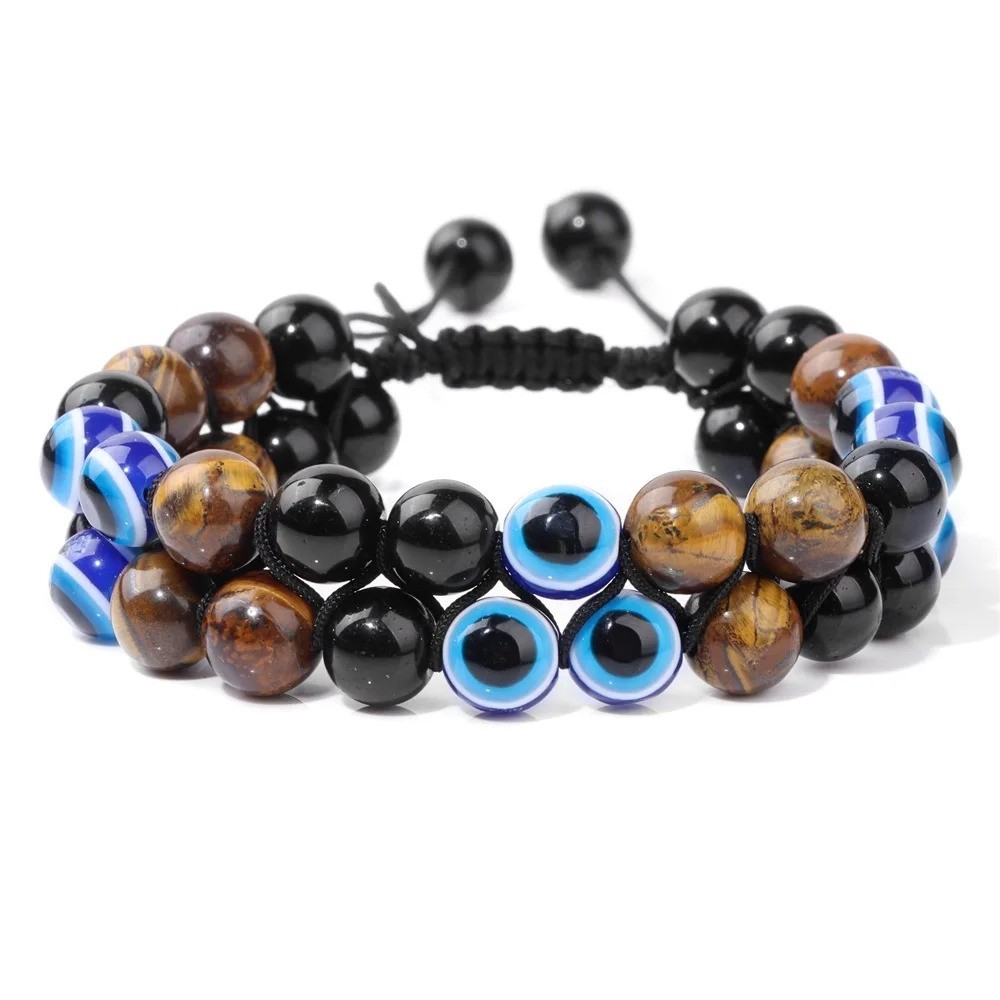 Triple Protection Bracelet Men Tiger Eye Hematite Obsidian Beaded Healing Jewelr