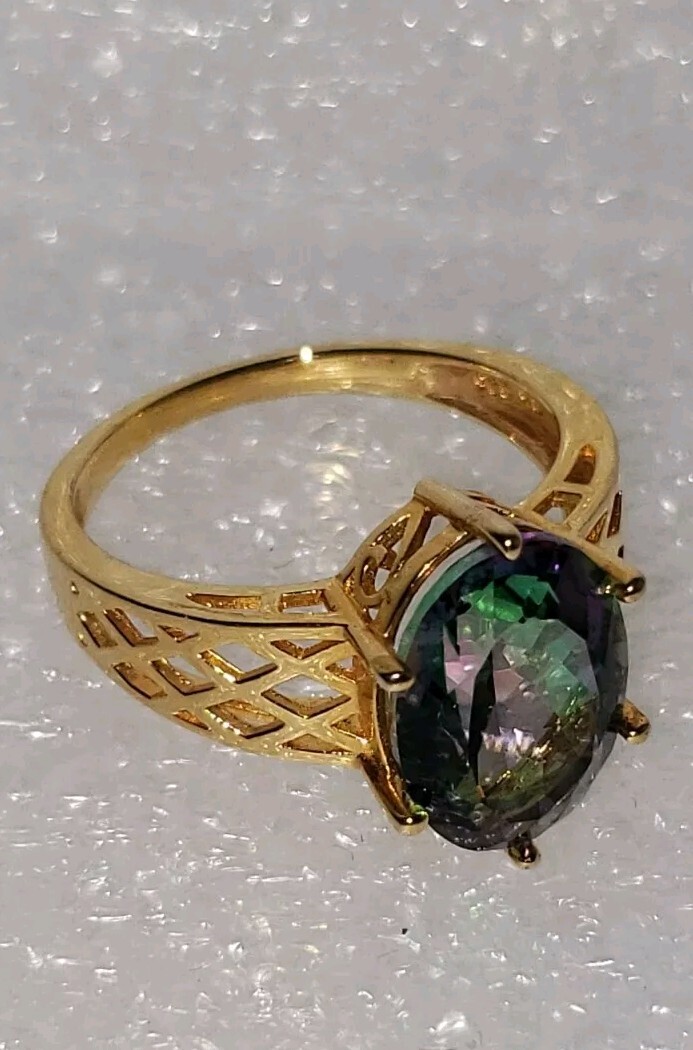 DK Ring Yellow Gold Plated Sterling Silver 925 Watermelon Rainbow Size 10.23