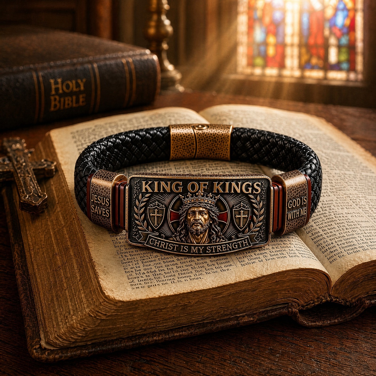 King of Kings Religious Bracelet, Adjustable Inspirational Wristband for Men