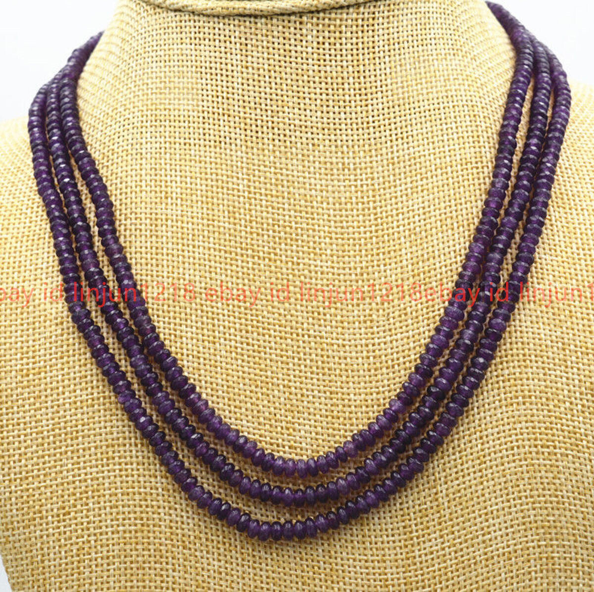 3 Rows 2X4mm Faceted Amethyst Gemstone Roundel Beads Necklace 17-19″