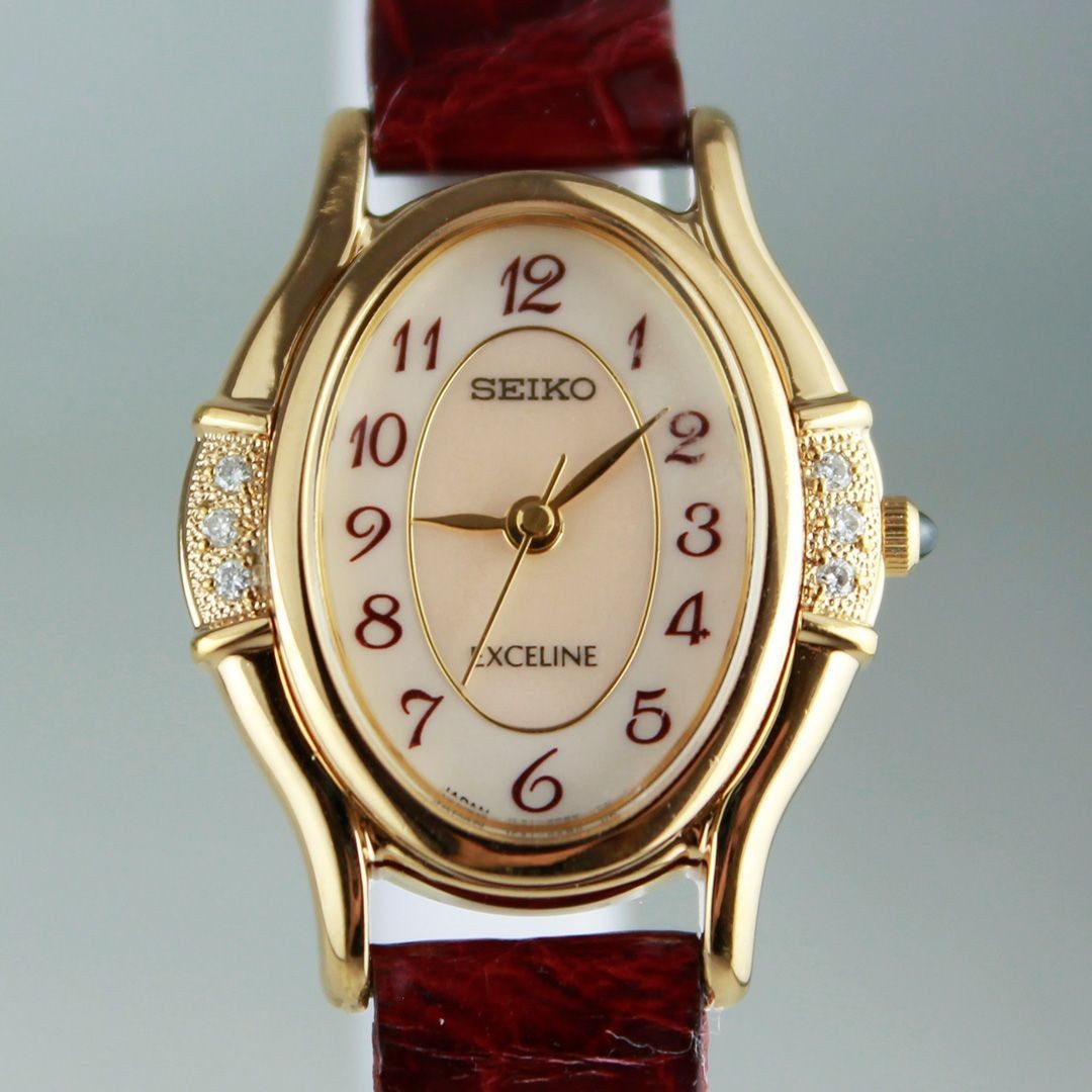 TEC 1 SEIKO EXCELINE 1F21 5F50 Ladies Quartz Shell Dial Diamond Oval Case Arabic