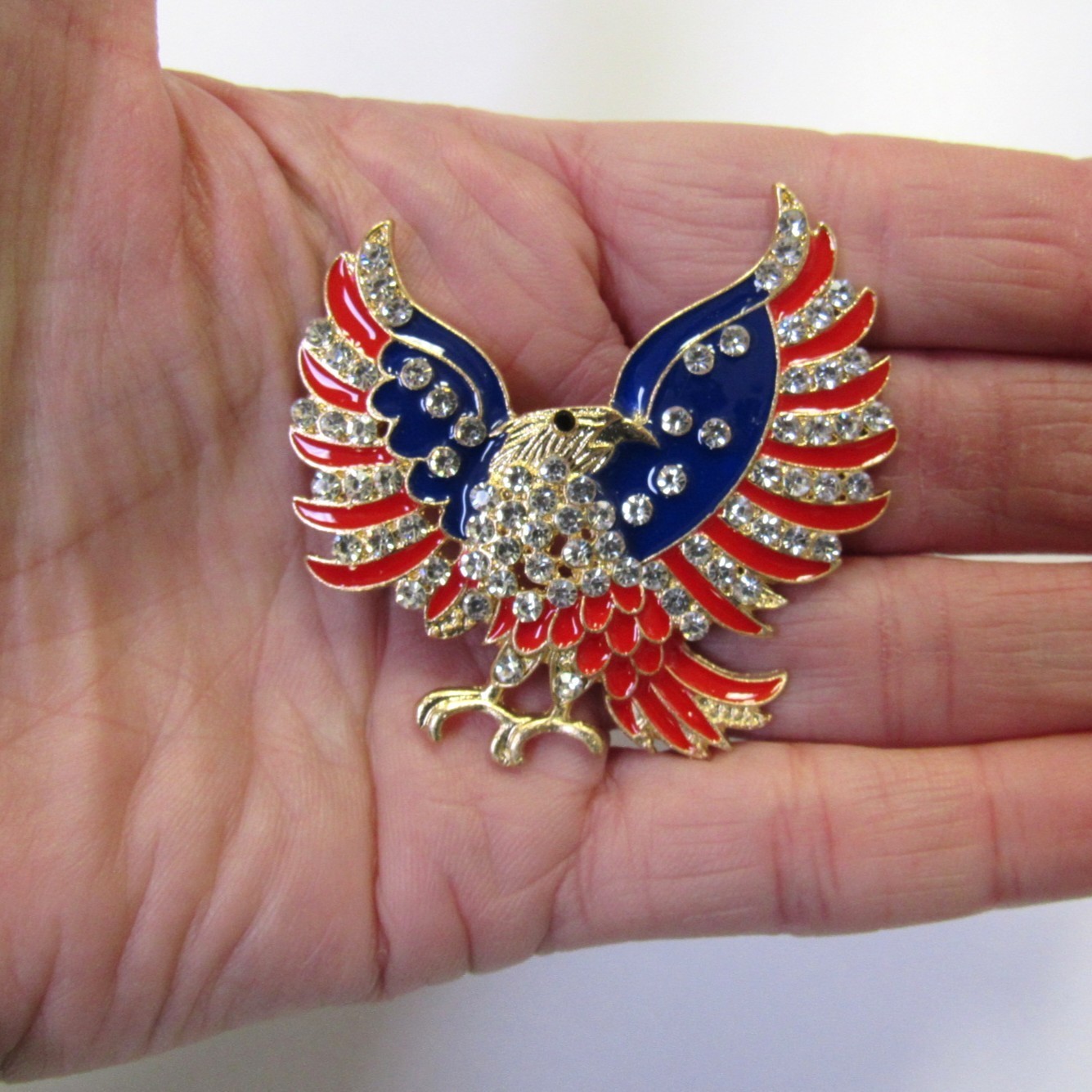 Gold Red White & Blue Rhinestone Crystal Eagle Pin Americana Patriotic # 31263