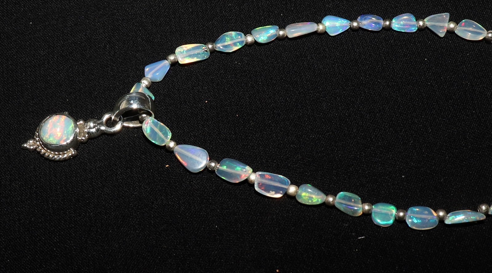Ethiopian opal beaded necklace with sterling silver opal pendant opal tumble
