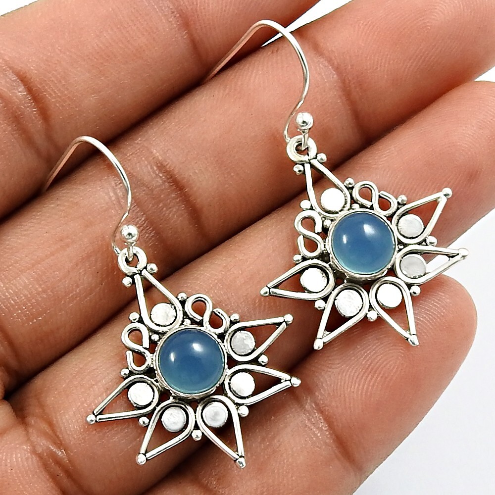 Valentine Gift For Her Natural Blue Chalcedony Stone Earrings 925 Silver Jewelry