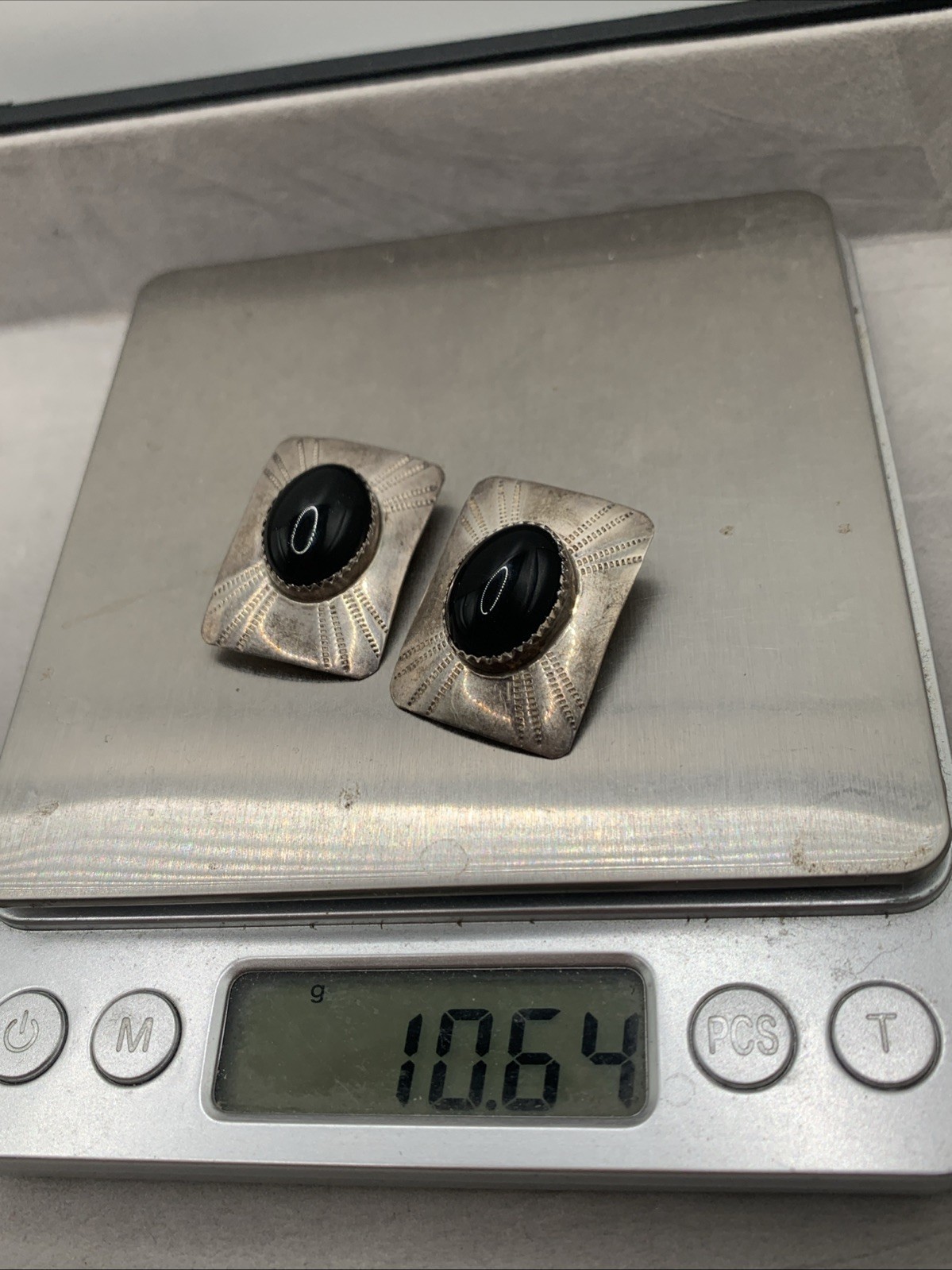 Vintage Southwest Sterling Silver Black Onyx Rectangle Stamped Clip-On Earrings