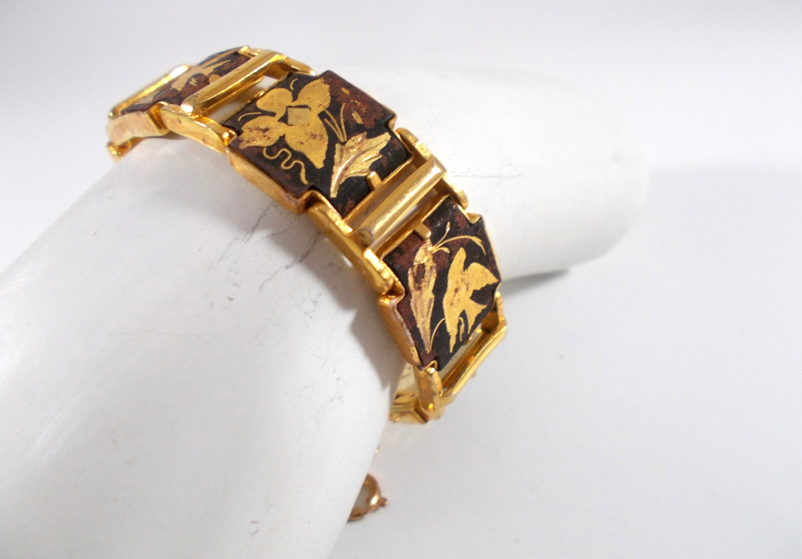 Damascene Style Panel Bracelet Bird Butterfly Flower Design with Safety Chain