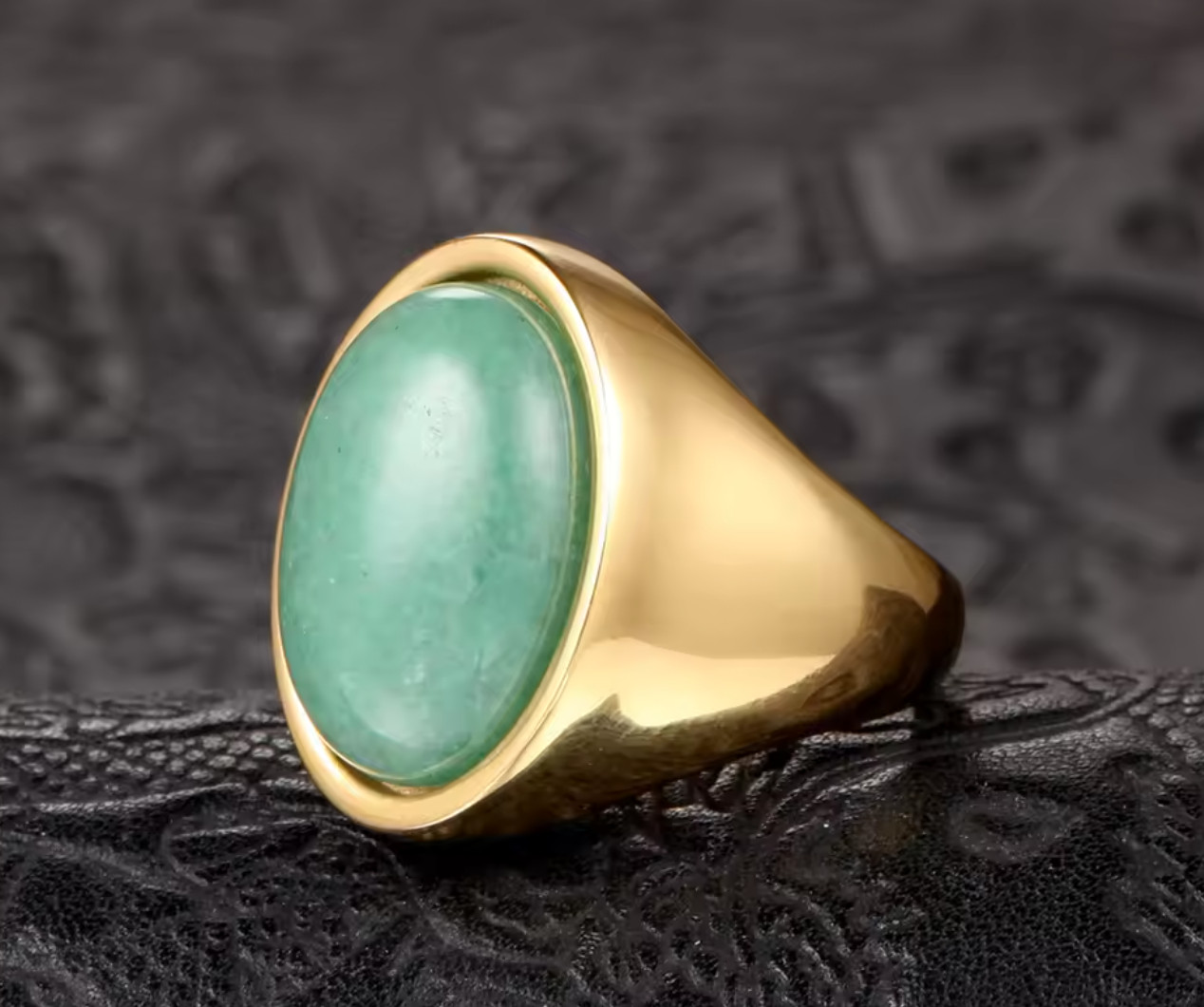 Men’s Ring Stainless Steel Gold Color Green Jade Oval Shape Natural Gemstone