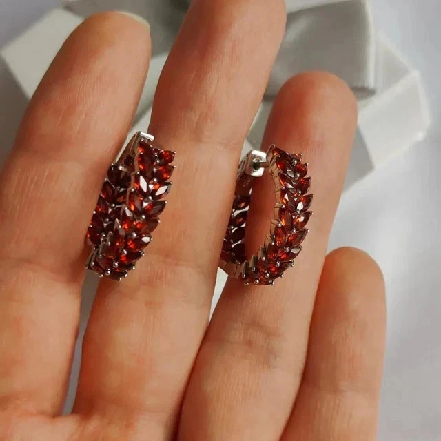 2Ct Marquise Cut Lab-Created Garnet Huggie Hoop Earrings 14k White Gold Plated
