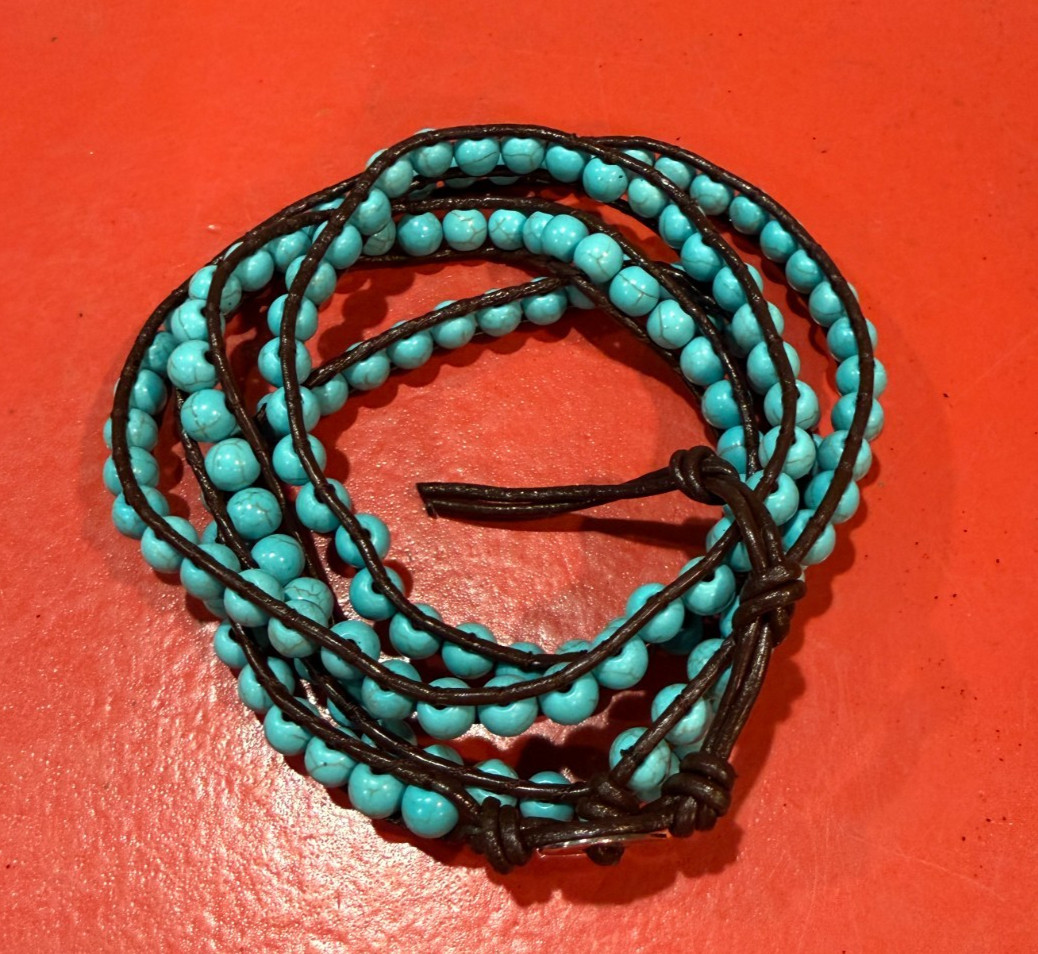 Victoria Emerson Turquoise Beaded Dark Brown Leather 5x Wrap Bracelet 33″-36″