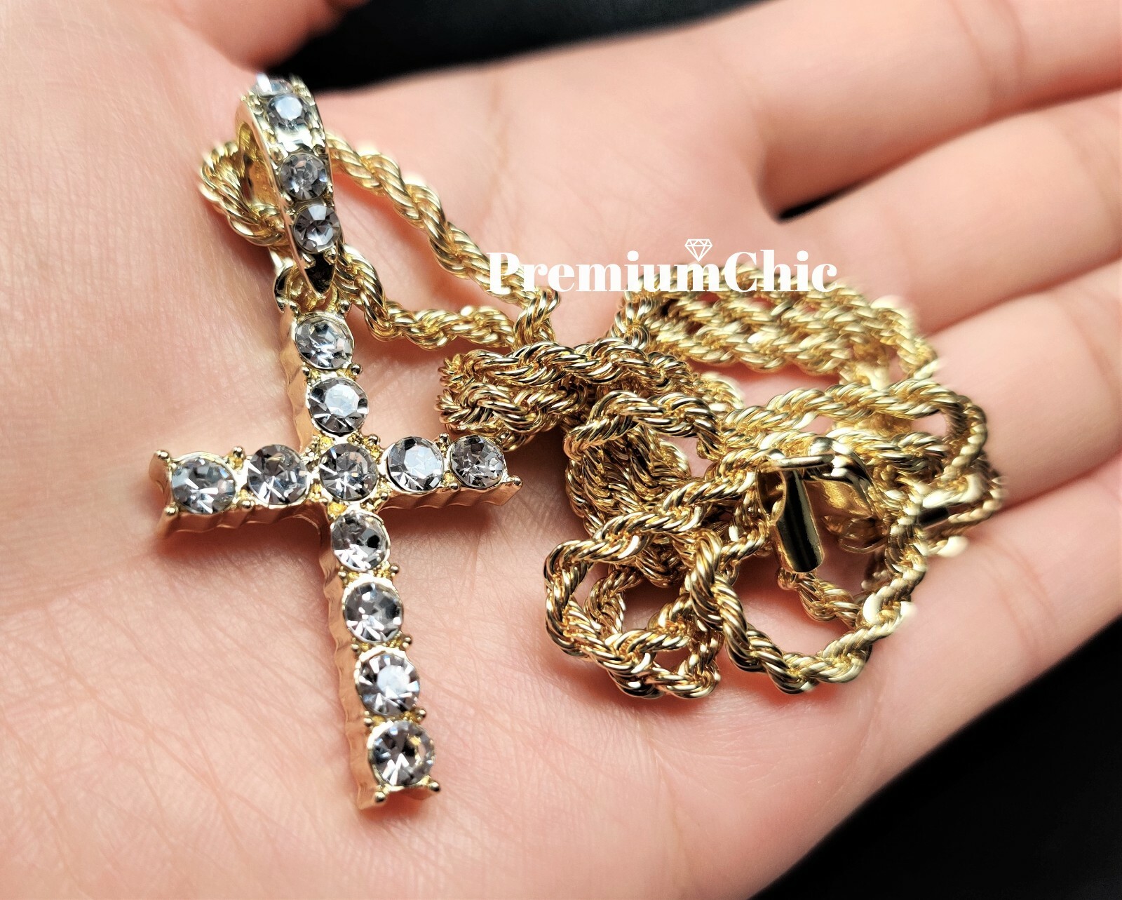 3pc SET, Tennis Choker Rope Chain, Cross Pendant Gold Plated Hip Hop CZ Jewelry
