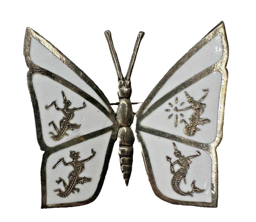 Siam Sterling Silver Butterfly Brooch Shite Goddess Pin White 925 Signed VTG