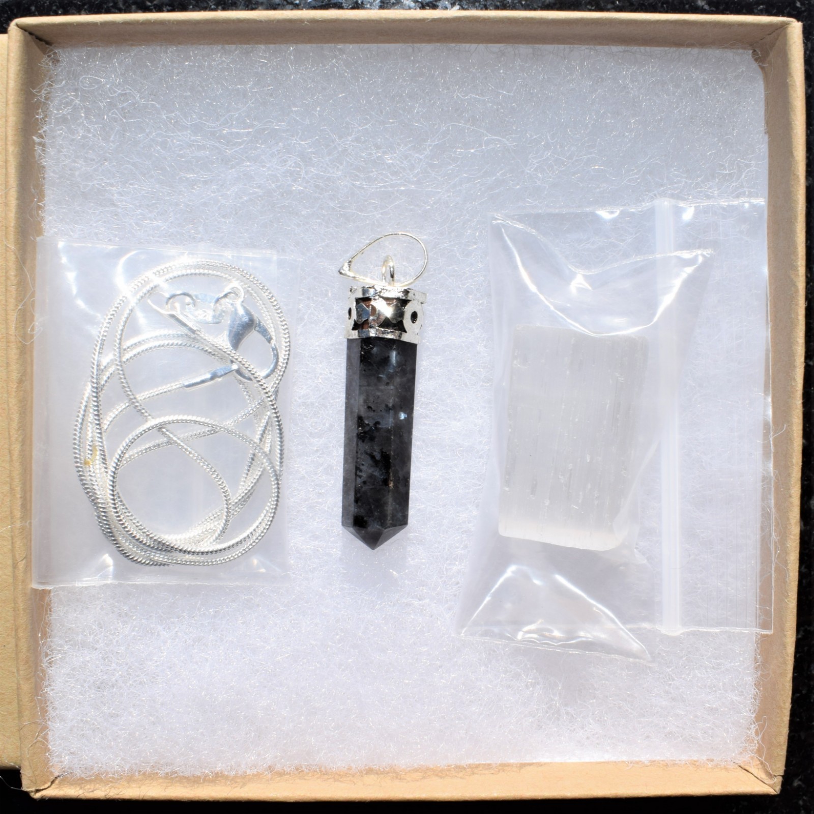 Charged Titanium Flash Larvikite Point Pendant + 20″ Stainless Steel Chain