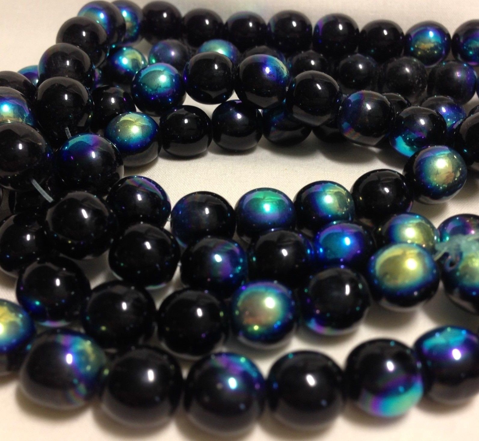 10mm Black Jet AB Round Pressed Glass Czech Beads, Approx. 25/Strand