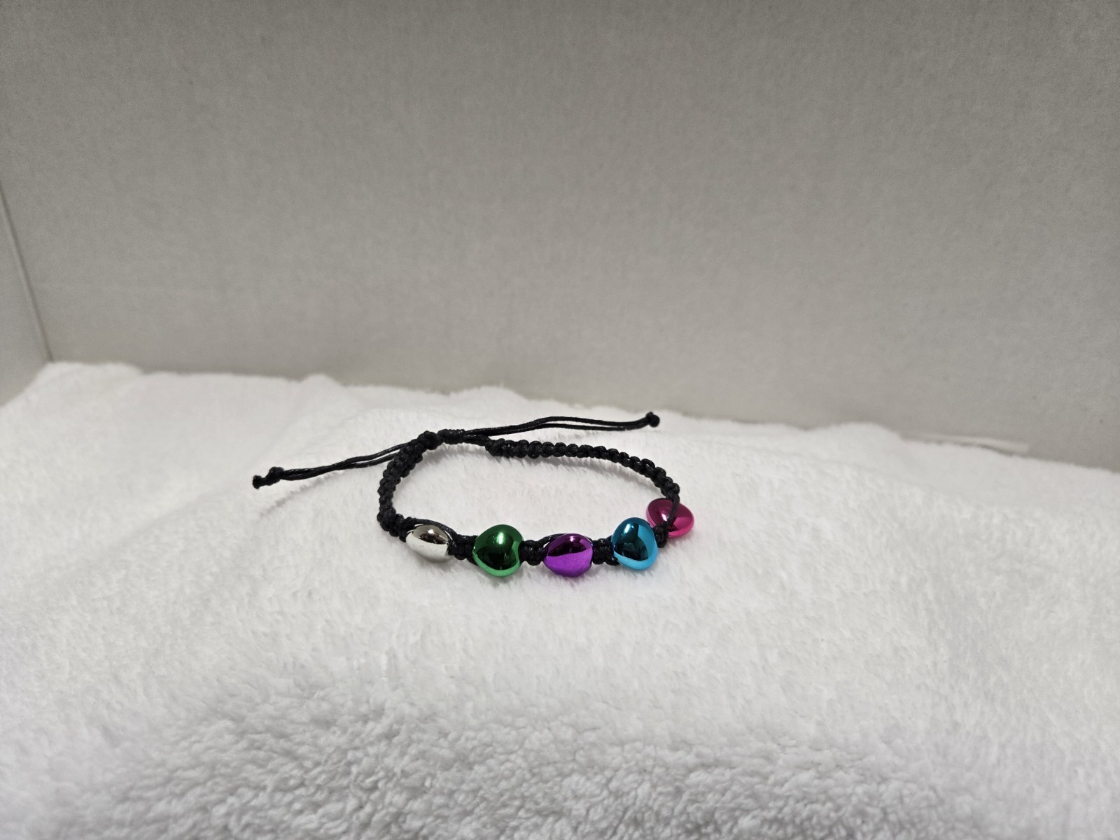 Black Corded Bracelet With Multi-Color Interwoven Heart Accents NWOT