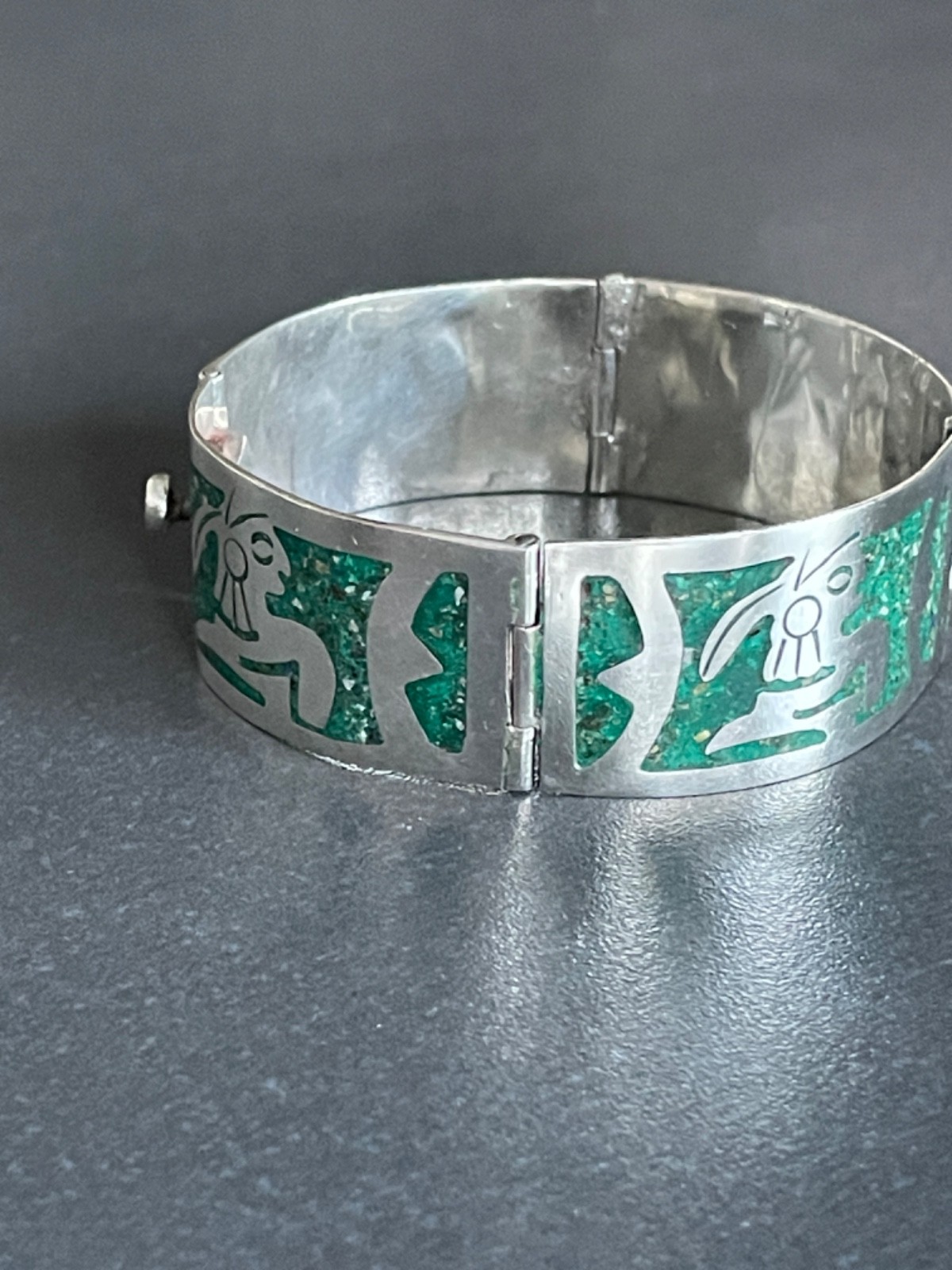 Solid 925 Silver Bracelet from Taxco Mexico Handmade with Green Stone Inlay