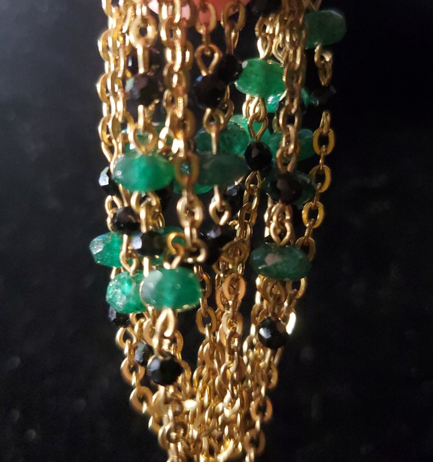 Vtg 48″! Jade & Black Crystal Necklace Gold Tone X-Long Versatile Classic Luxury