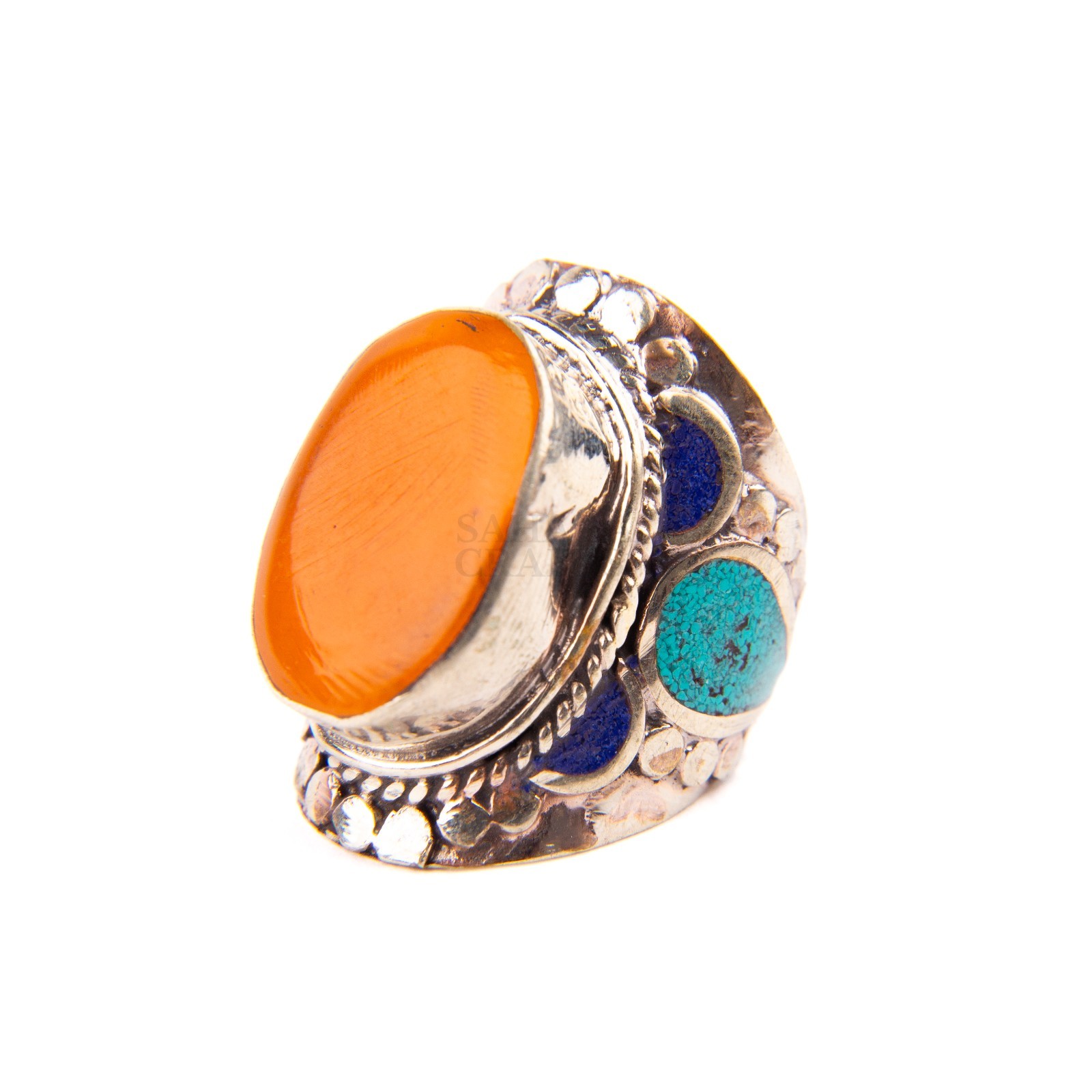 Tibetan Ring, Orange Coral Turquoise Stone, Traditional Tibetan Bead Jewelry,