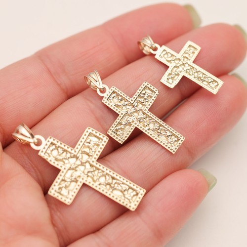 SOLID GOLD Diamond-Cut Nugget Cross Pendant 10K Yellow Gold All Sizes