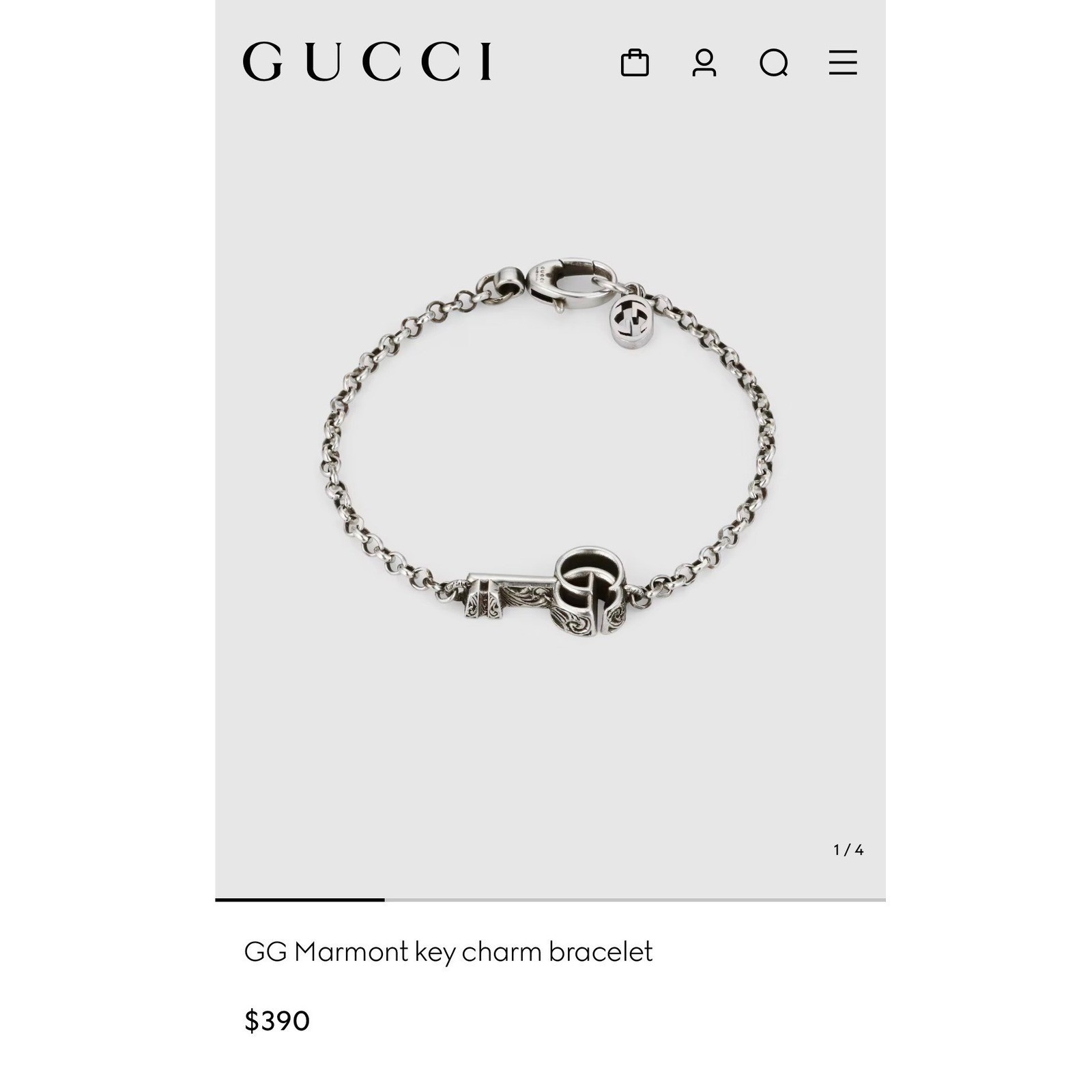 Authentic Gucci Double G Marmont Key Charm Bracelet 925 Silver Made in Italy NEW