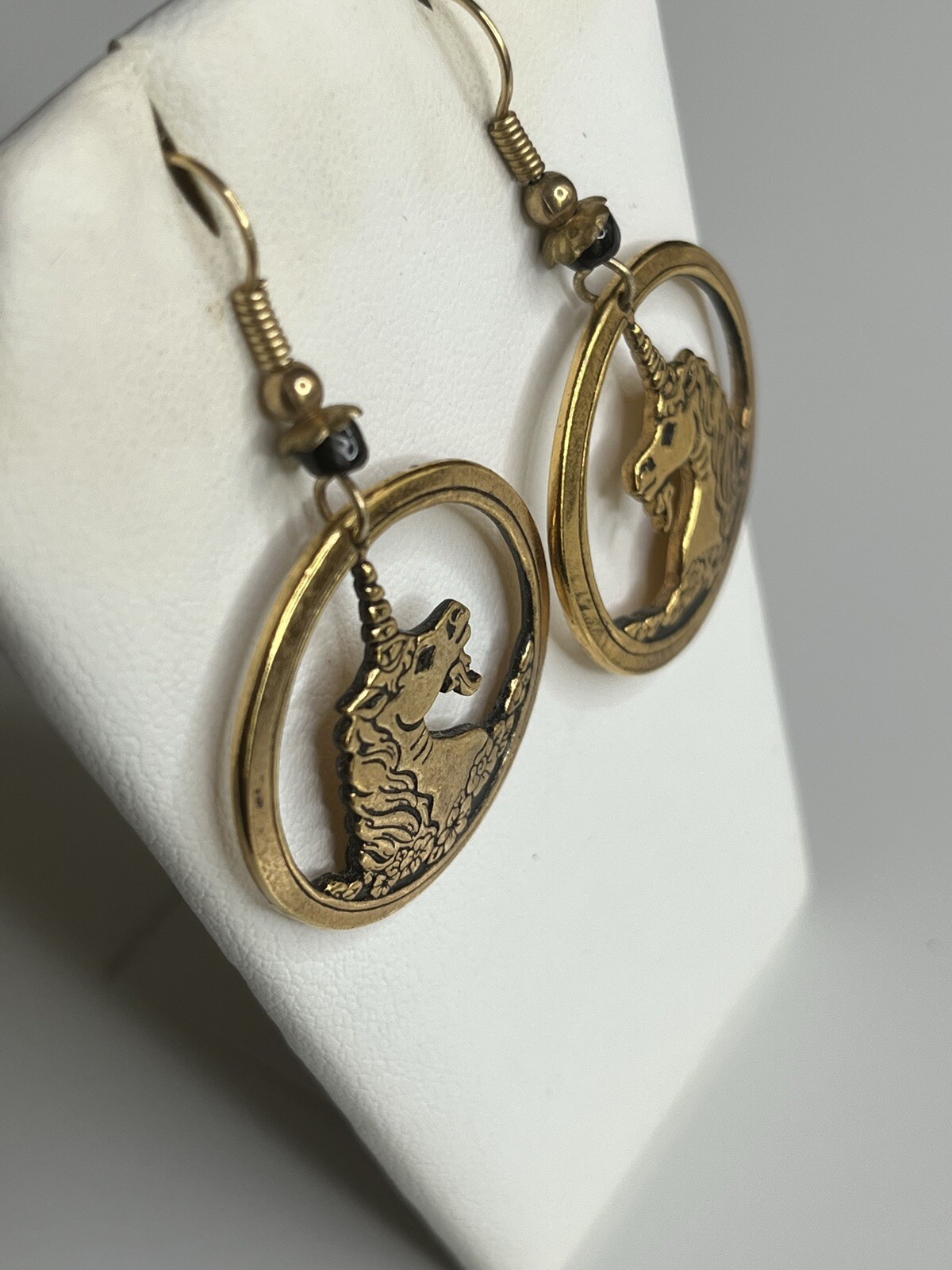 Vintage Gold Tone Unicorn Earrings Pepi And Company J.W. Pewter