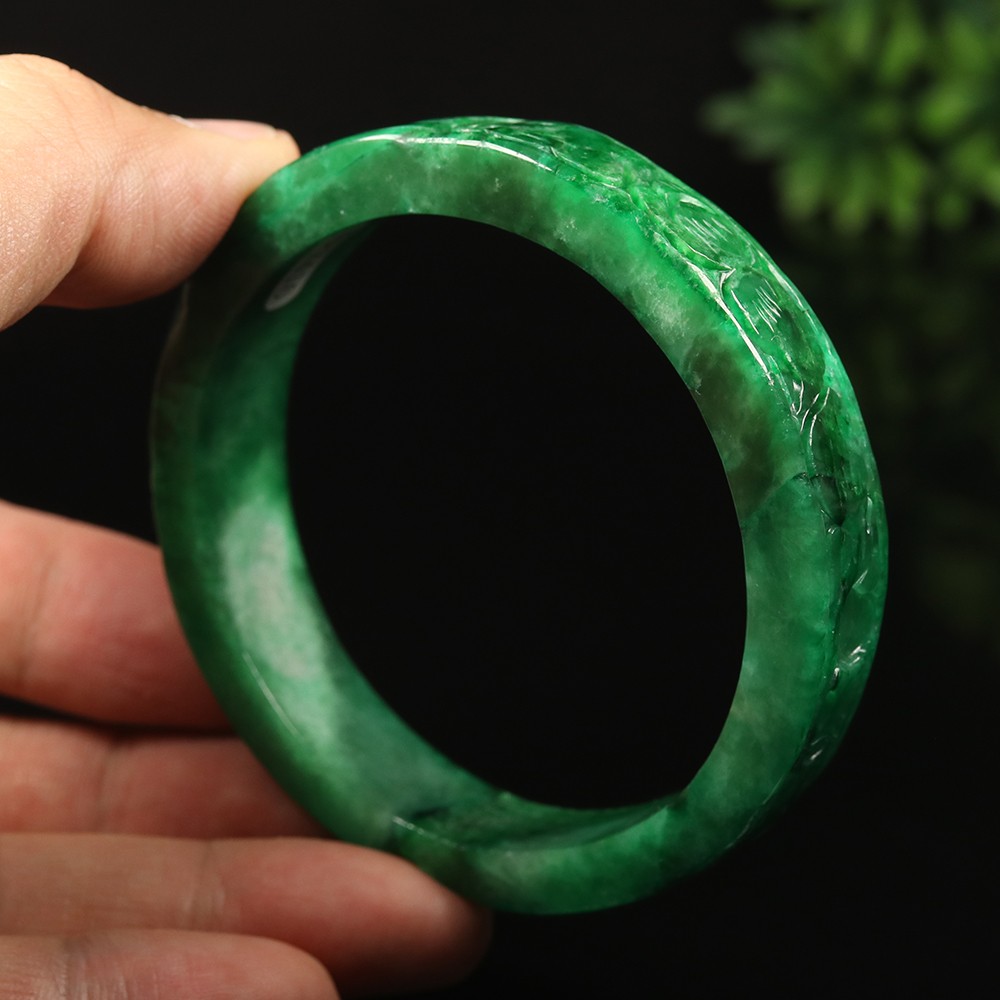 61mm Emerald Green Jadeite Jade Bangle Bracelet Coin Ruyi Flower Rabbit A-14885