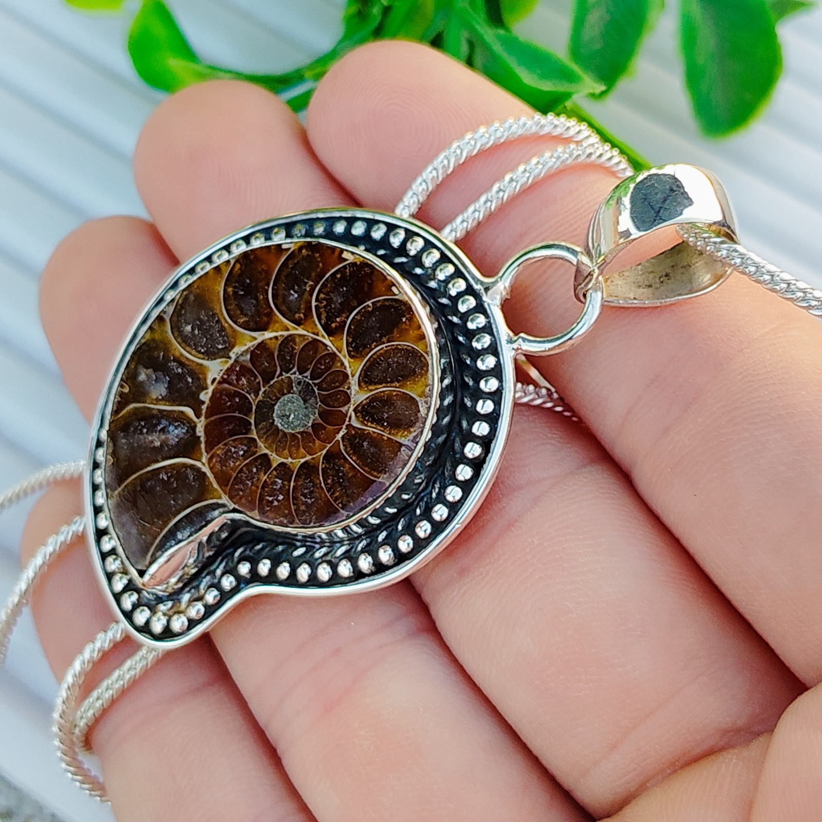 Ammonite Fossil Gemstone Pendant 925 Sterling Silver Jewelry Necklace.