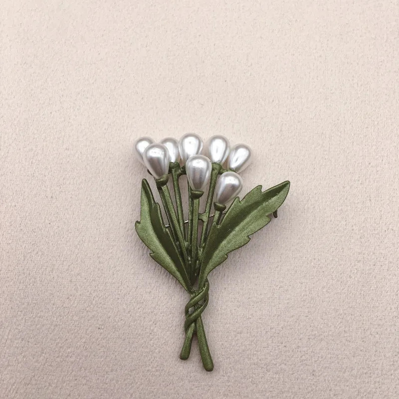 Vintage Green Color Plant Pearls Brooch Pin Flower Brooch For Women Jewelry Gift