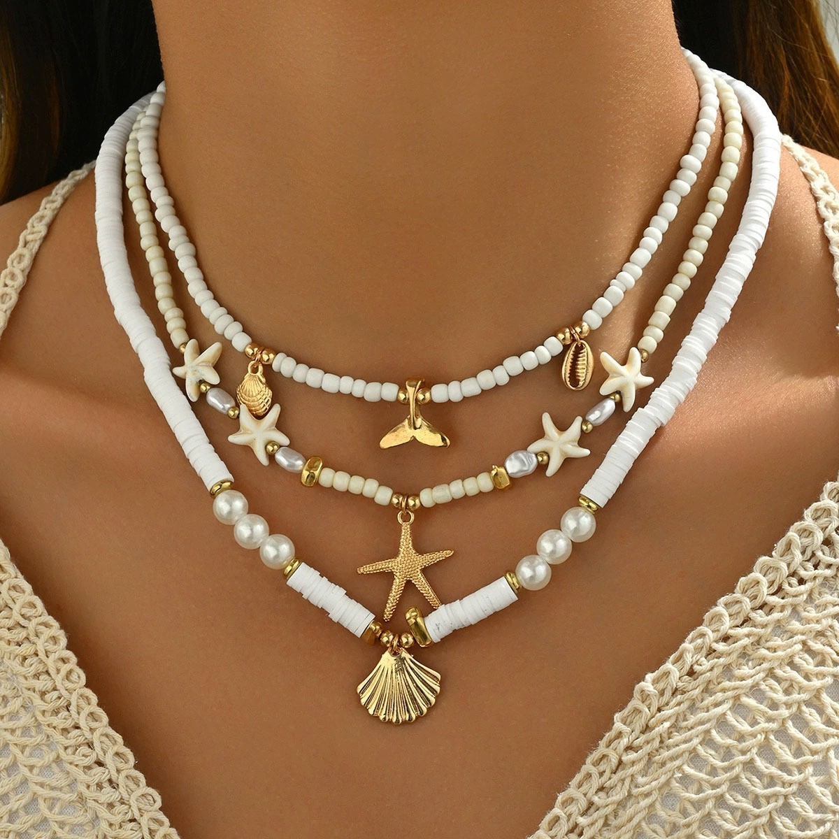 Three Layer Seed Pearl Necklace Shell Starfish Fish Tail Alloy Pendant Necklace