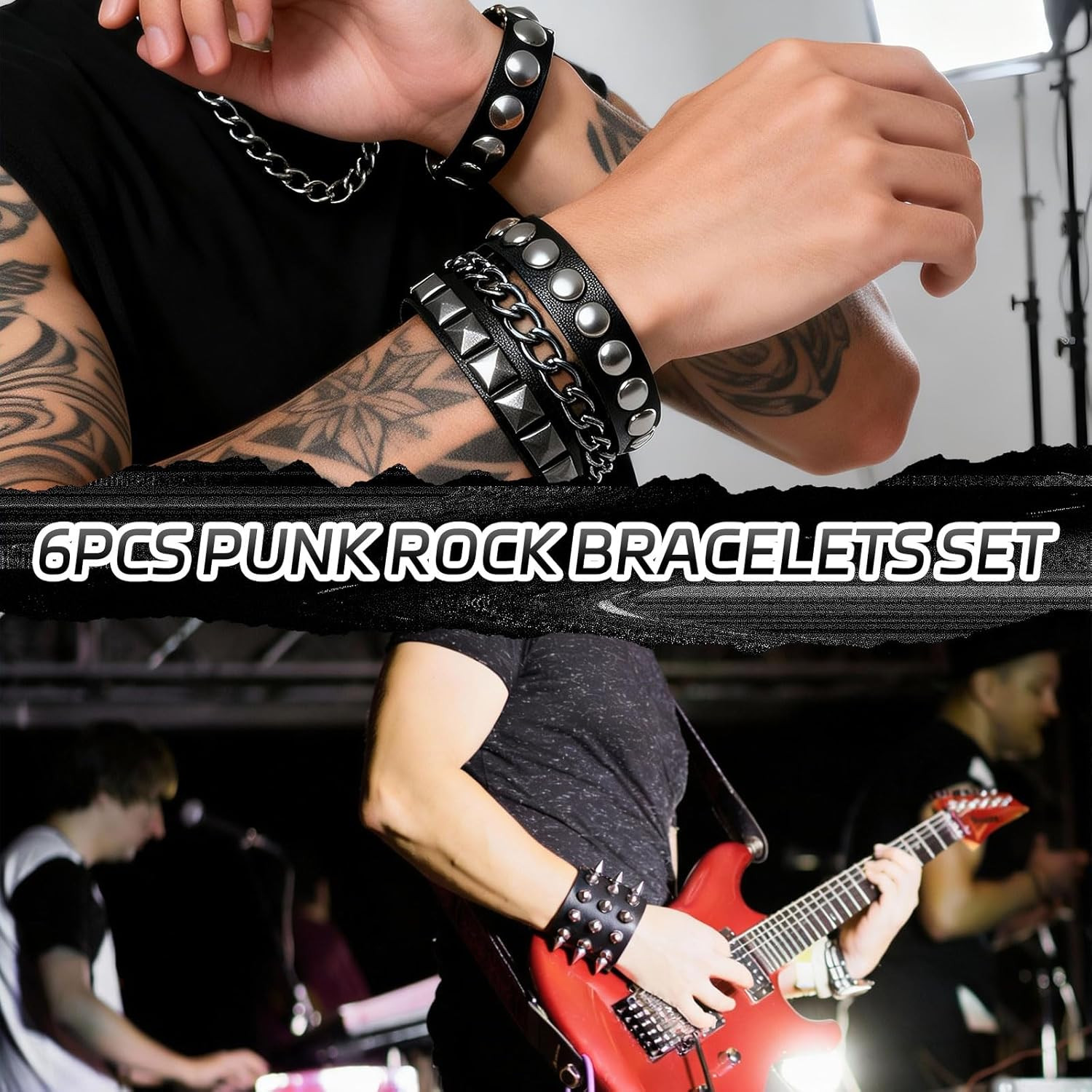 Punk Rock Emo Gothic Leather Studded Bracelet Set 6PCS Spike Rivet Wristbands
