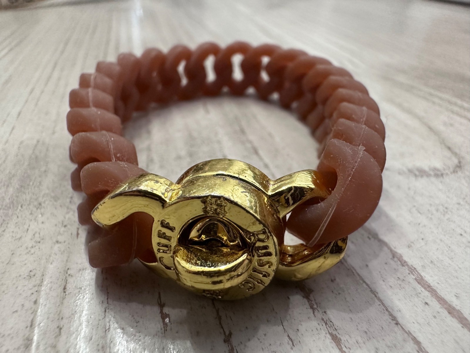Rustic Cuff Brown Silicone Mock Chain Stretch Bracelet Gold Turn Lock